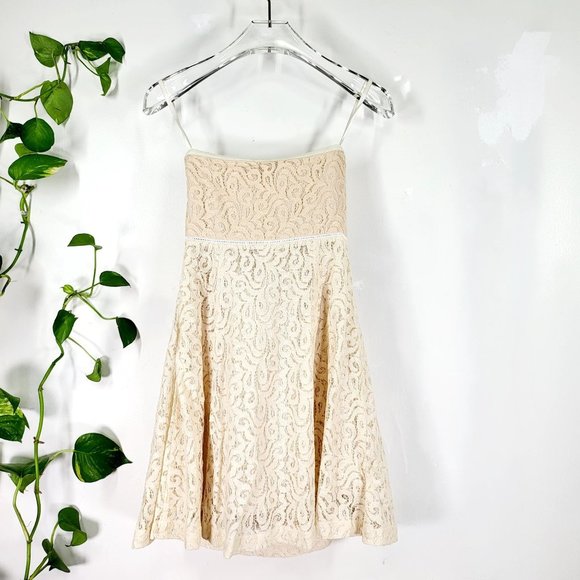 Anthro x KIMCHI BLUE Cream Mini Dress 0 XS Strapless Lace Sweetheart Paisley - Picture 9 of 12